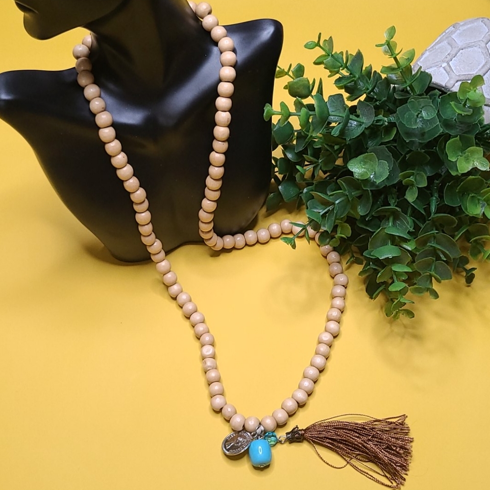 WOODEN BEAD NECKLACE TASSEL TORQUOISE CHARM
